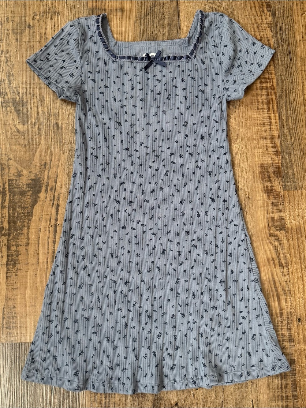 SO Blue Floral Ribbed Dress Girls 8 Medium Gray Cottagecore Short Sleeve Casual
